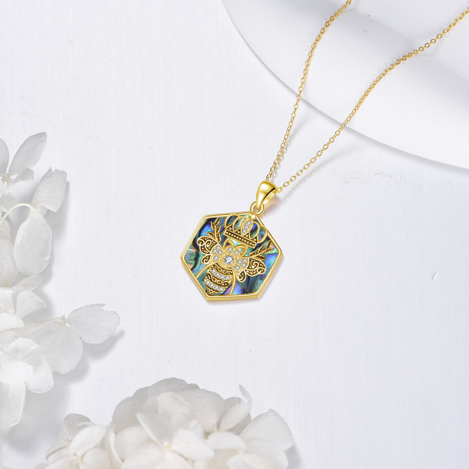 Women's 925 Pure Silver Queen Bee Necklace with Abalone Shell Pendant